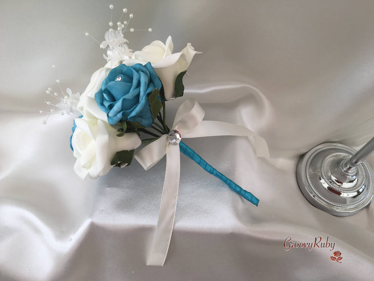 Turquoise & Ivory Rose Crystal With Ivory Pearl Babies Breath