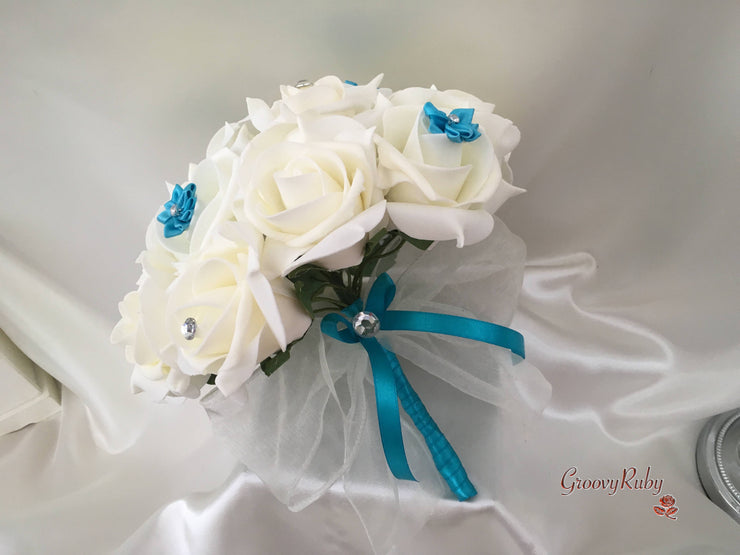 Rose Bouquets With Turquoise Satin Diamante Flowers