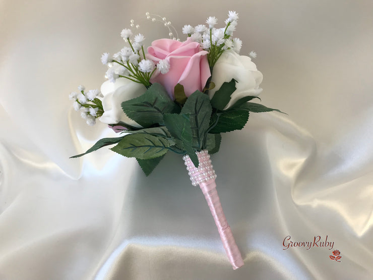 Baby Pink & Ivory Roses With Gypsophila & Pearl Sprays