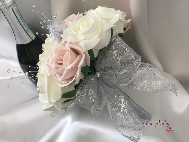 Mocha Pink & Ivory Rose With Silver & Crystal Butterfly