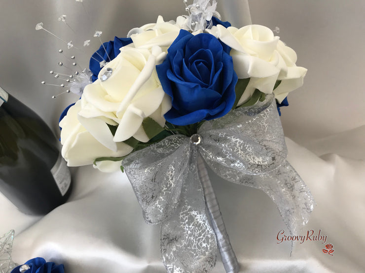 Royal Blue & Ivory Rose With Silver & Crystal Butterfly
