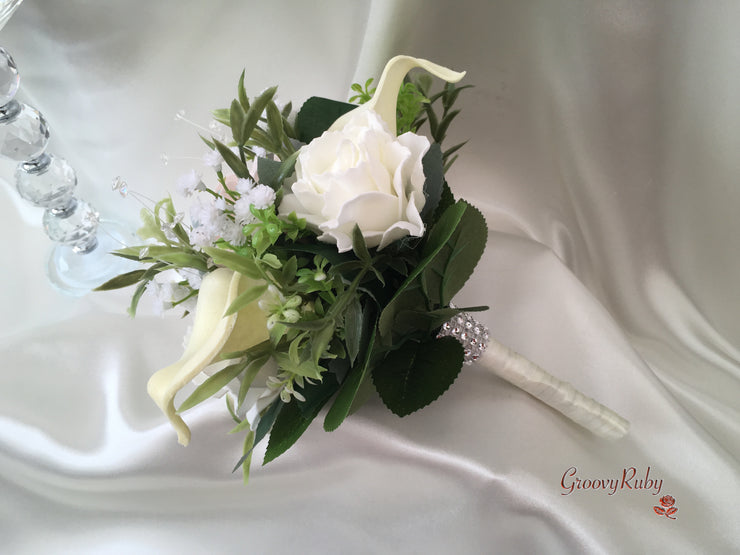 Mocha Pink Roses & Ivory Carnations With Calla Lily & Gypsophila