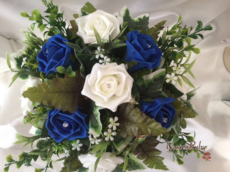 Royal Blue & Ivory Rose Small Round Table Arrangement