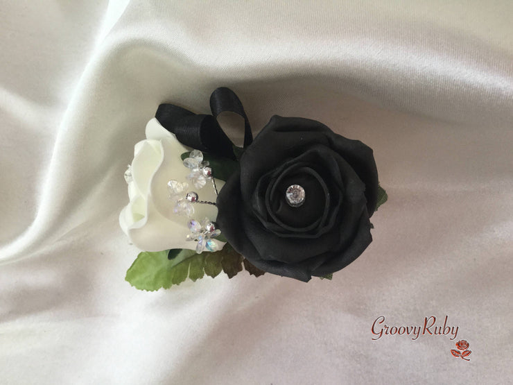 Ladies Pin On Corsage With Crystal Spray & Ribbon - Colour Combination Of Your Choice