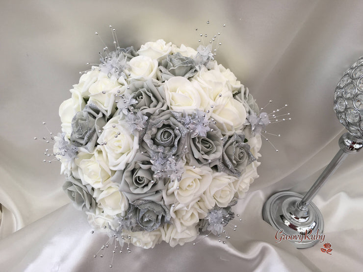Silver Glitter Rose With Silver Babies Breath