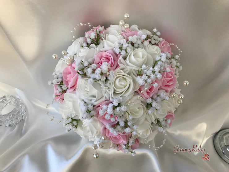 Baby Pink & Ivory Roses With Gypsophila & Pearl Sprays