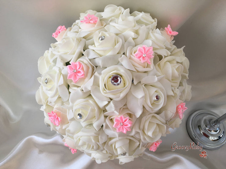 Rose Bouquets With Baby Pink Satin Diamante Flowers