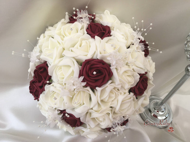 Burgundy & Ivory Rose Crystal With Ivory Pearl Babies Breath