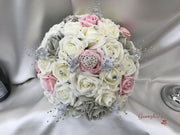 Dusky Pink & Silver Roses With Delicate Heart Brooch
