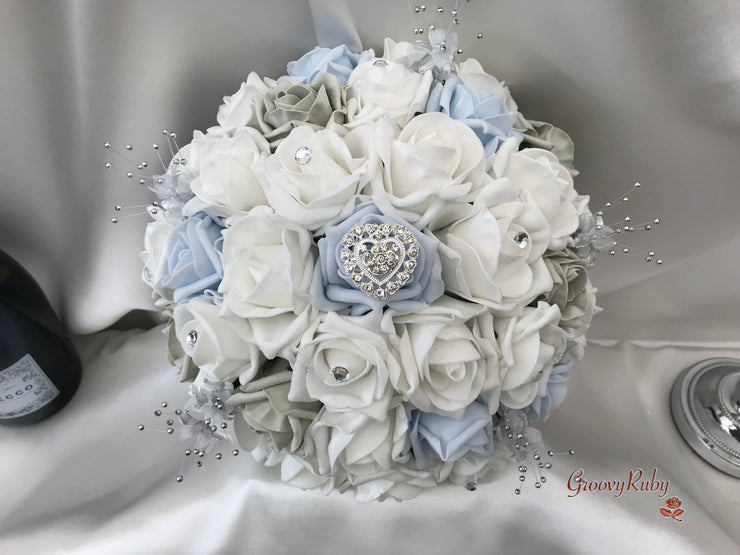 Ice Blue, Silver & White Roses With Delicate Heart Brooch