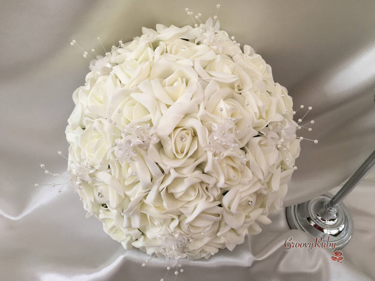 Ivory Rose Crystal With Ivory Pearl Babies Breath