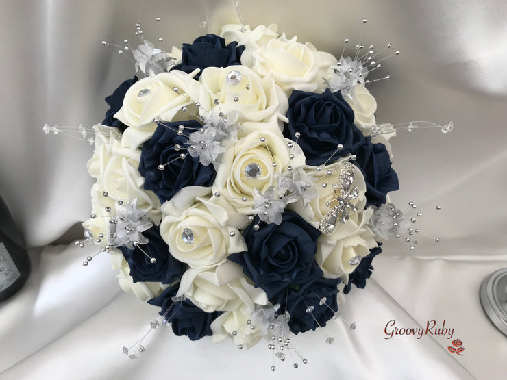 Navy & Ivory Rose With Silver & Crystal Butterfly