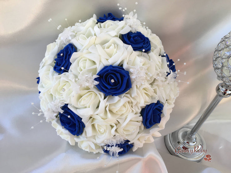 Royal Blue & Ivory Rose Crystal With Ivory Pearl Babies Breath