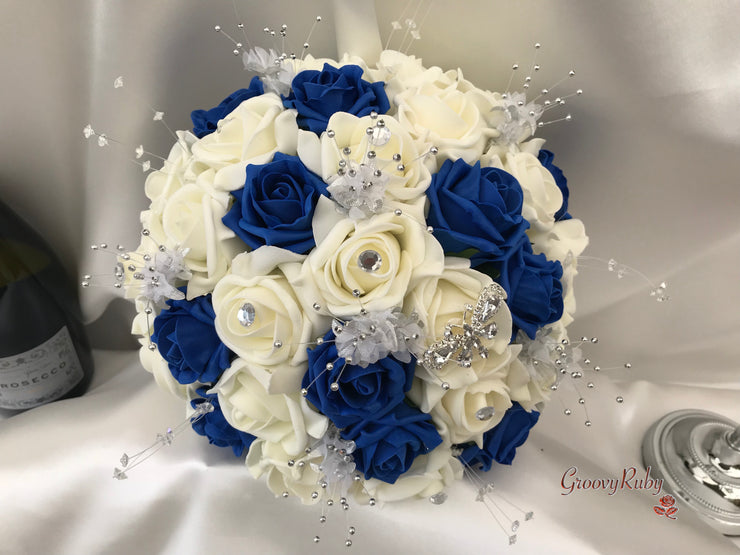 Royal Blue & Ivory Rose With Silver & Crystal Butterfly