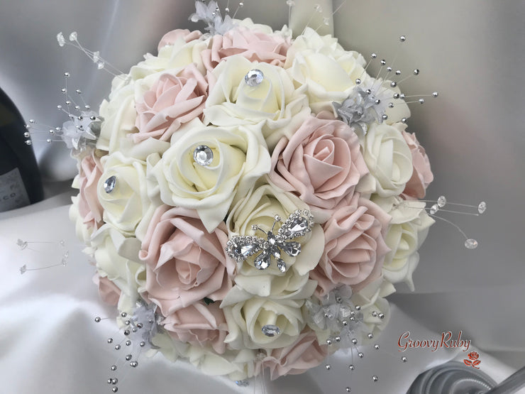 Mocha Pink & Ivory Rose With Silver & Crystal Butterfly