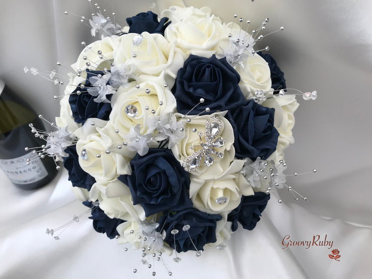 Navy & Ivory Rose With Silver & Crystal Butterfly