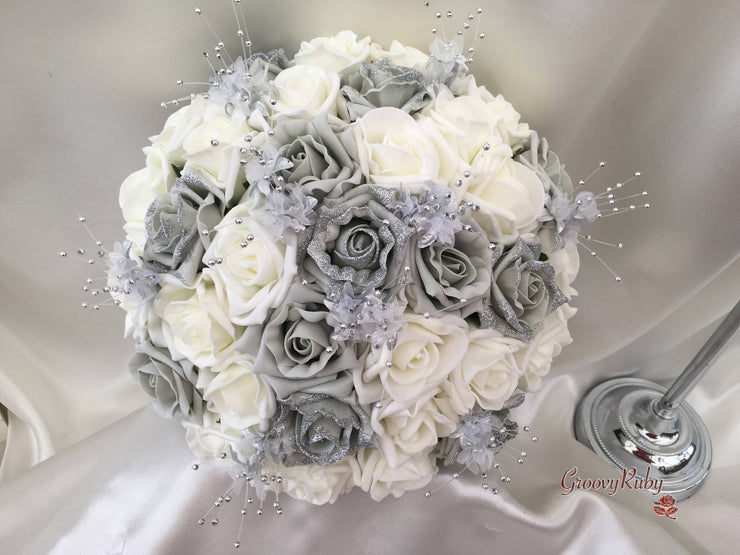 Silver Glitter Rose With Silver Babies Breath