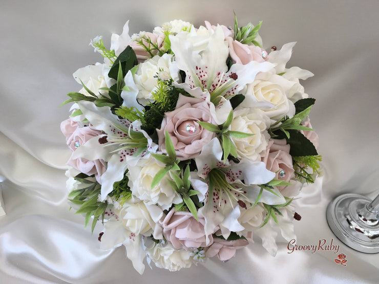 Small Tiger Lilies & Vintage Mocha Pink Roses With Foliage
