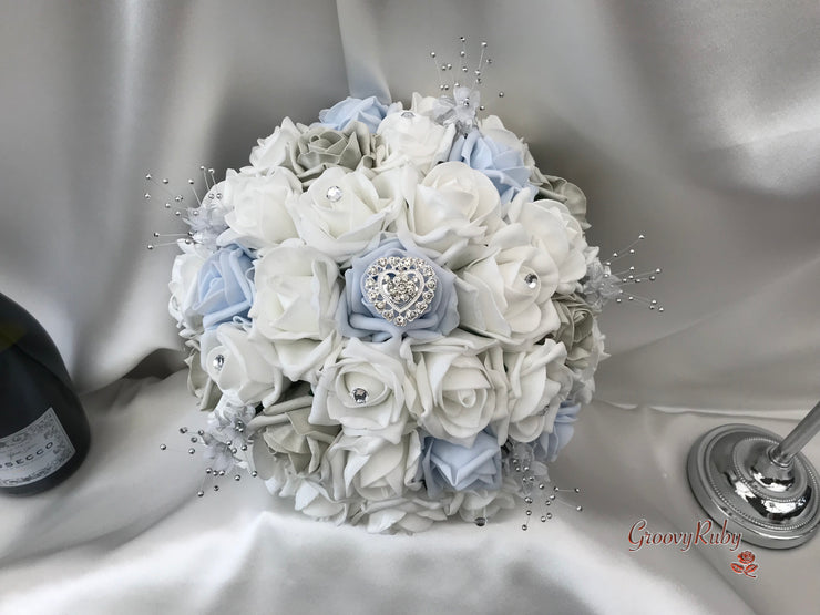 Ice Blue, Silver & White Roses With Delicate Heart Brooch