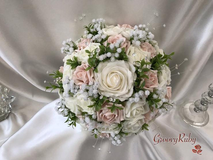 Mocha Pink & Ivory Rose With Foliage, Gypsophila & Crystal Sprays