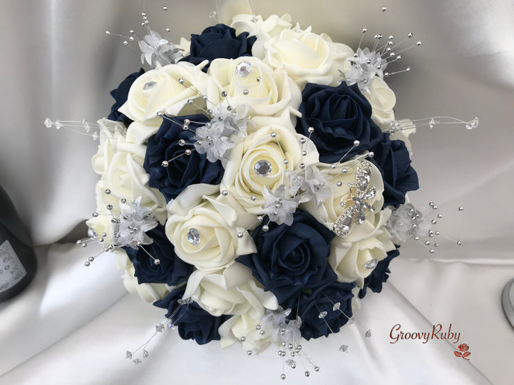 Navy & Ivory Rose With Silver & Crystal Butterfly