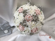 Mocha Pink & Silver Roses With Diamanté Silver Love Brooch
