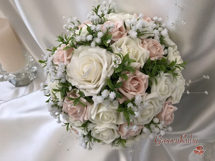 Mocha Pink & Ivory Rose With Foliage, Gypsophila & Crystal Sprays