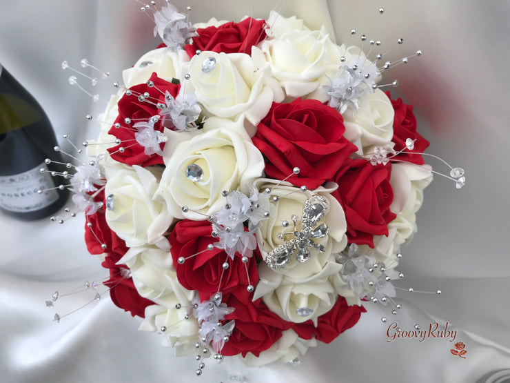 Red & Ivory Rose With Silver & Crystal Butterfly