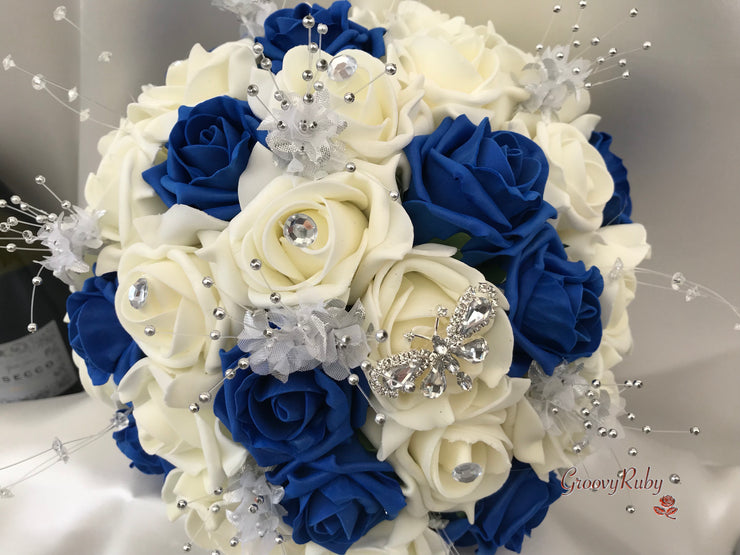 Royal Blue & Ivory Rose With Silver & Crystal Butterfly