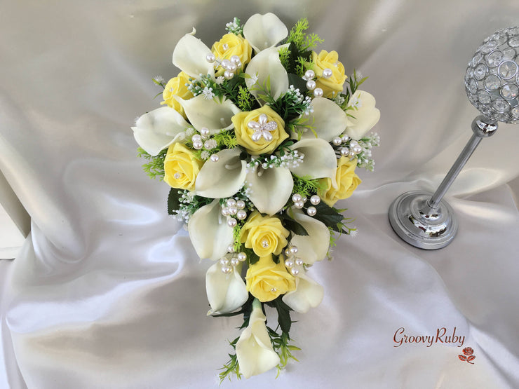 Lemon Rose & Large Calla Lily With Pearl Sprays & Pearl Brooch