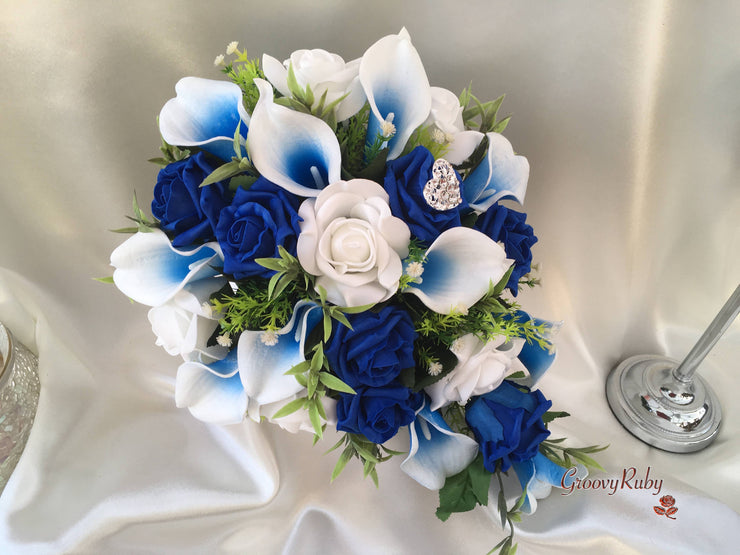 White & Blue Centred Calla Lilies With Roses & Heart Brooch