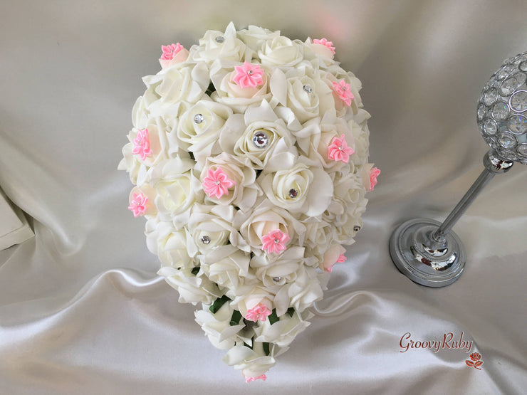 Rose Bouquets With Baby Pink Satin Diamante Flowers