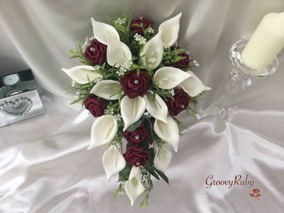 Burgundy Rose & Large Ivory Calla Lily