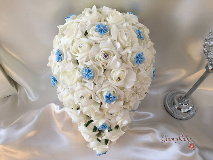 Rose Bouquets With Baby Blue Satin Diamante Flowers