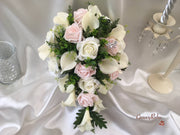 Blush Pink Rose & Large Ivory Calla Lilies With Crystal Butterfly Brooch