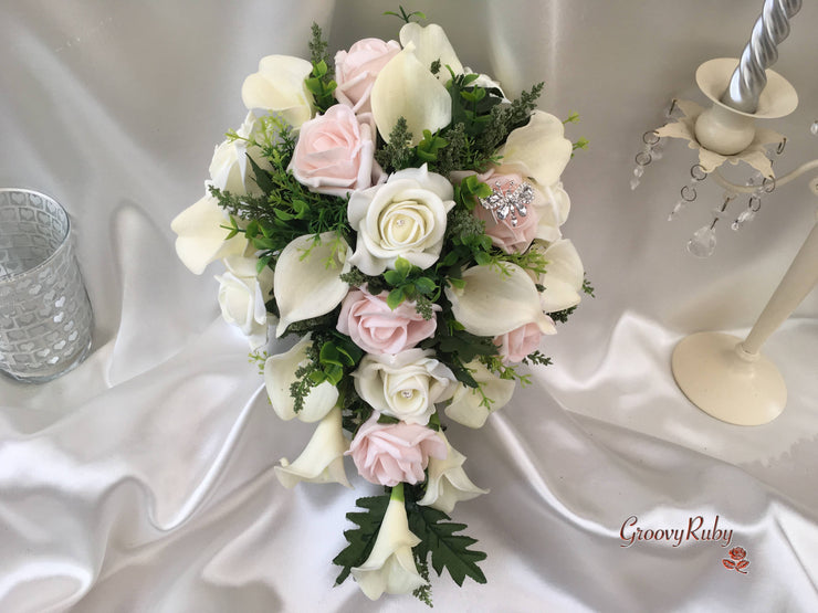Blush Pink Rose & Large Ivory Calla Lilies With Crystal Butterfly Brooch