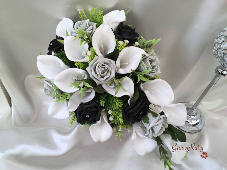 Silver & Black Rose & Large White Calla Lily