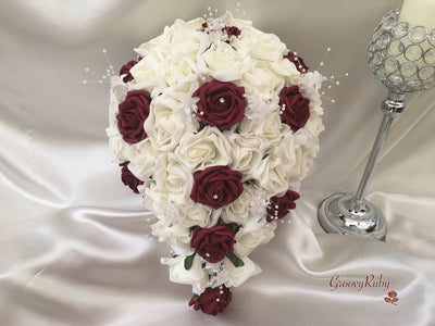 Burgundy & Ivory Rose Crystal With Ivory Pearl Babies Breath