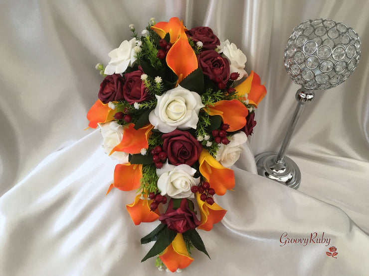 Ivory Glitter Rose, Orange Calla Lily, Burgundy Rose & Berries