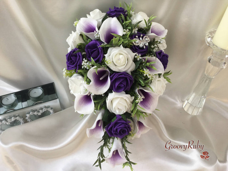 White & Cadbury Purple Centred Calla Lilies With Roses & Crystal Butterfly Brooch