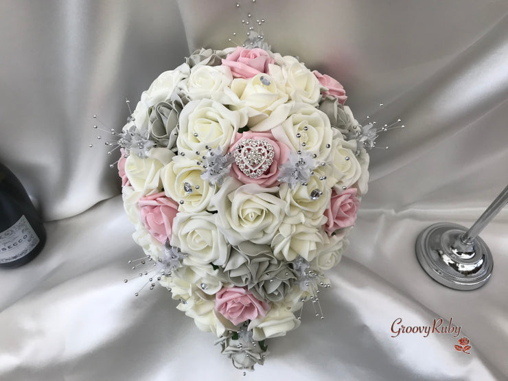 Dusky Pink & Silver Roses With Delicate Heart Brooch
