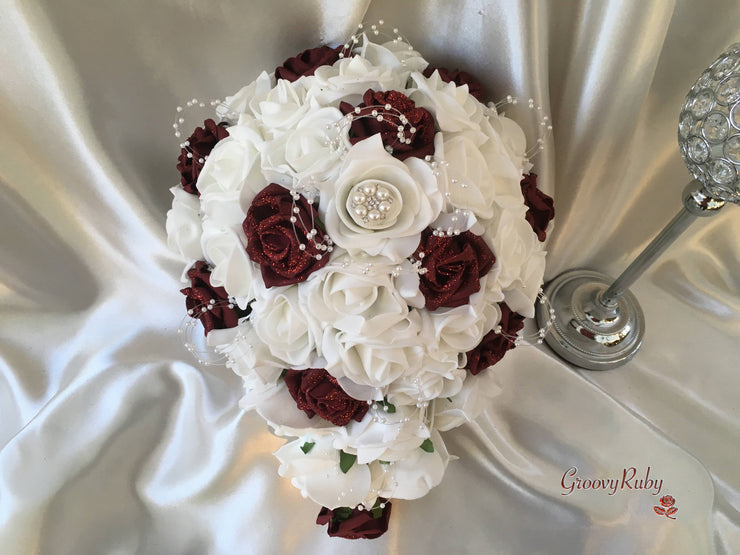 Burgundy Glitter Rose With Pearls & Pearl Diamante Brooch