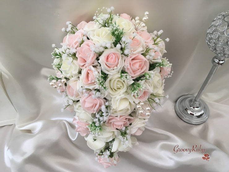 Blush Pink & Ivory Roses With Gypsophila & Pearl Sprays