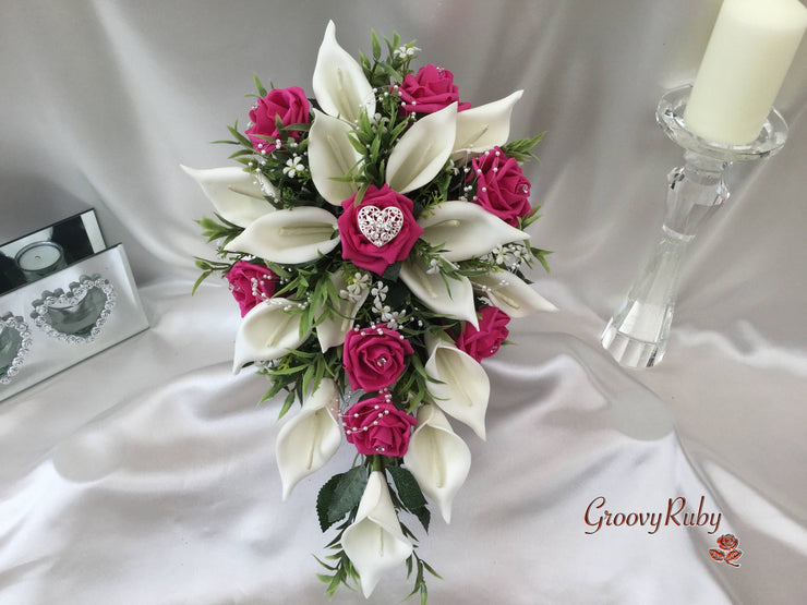 Hot Pink Rose & Calla Lily With Pearls & Diamante Heart Brooch