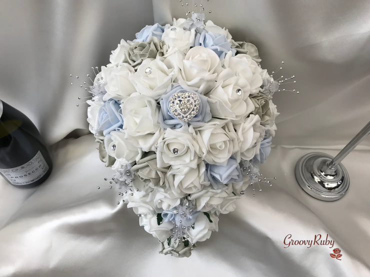 Ice Blue, Silver & White Roses With Delicate Heart Brooch