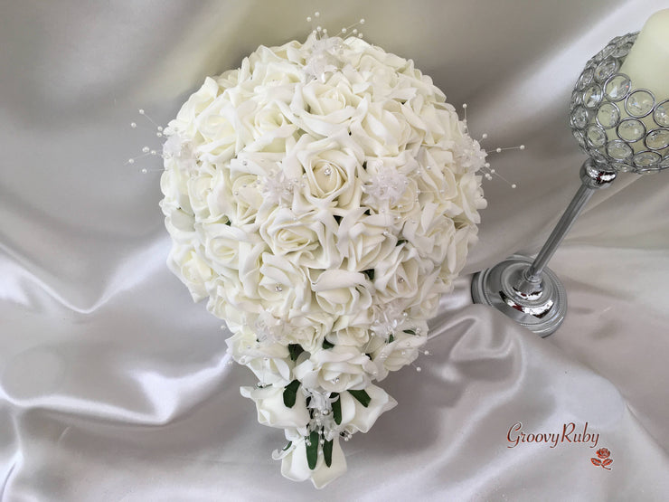 Ivory Rose Crystal With Ivory Pearl Babies Breath