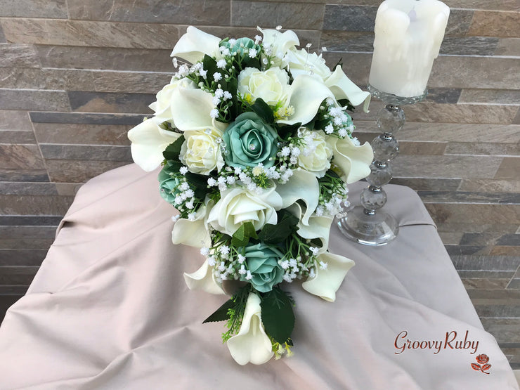 Mint Green Roses & Ivory Carnations With Calla Lily & Gypsophila