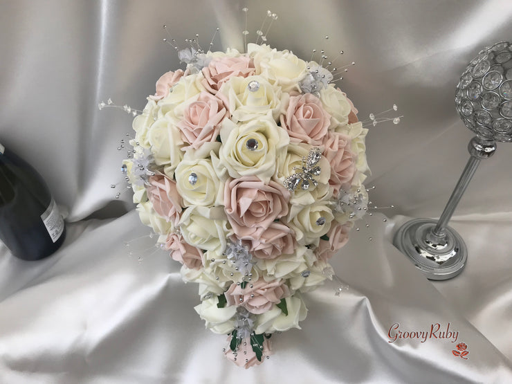Mocha Pink & Ivory Rose With Silver & Crystal Butterfly