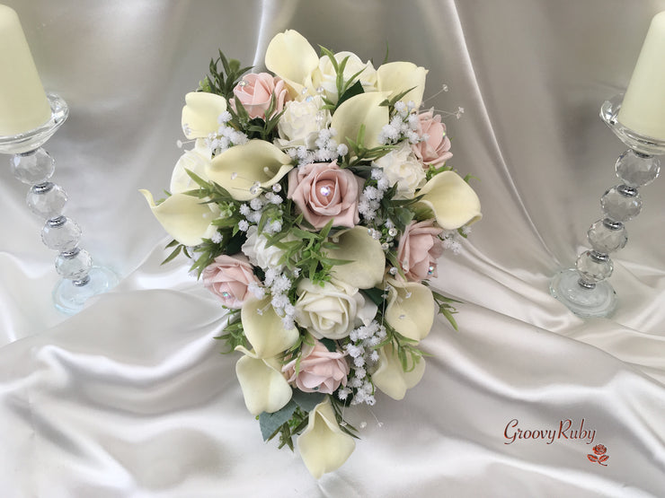 Mocha Pink Roses & Ivory Carnations With Calla Lily & Gypsophila