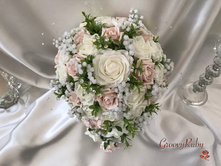 Mocha Pink & Ivory Rose With Foliage, Gypsophila & Crystal Sprays